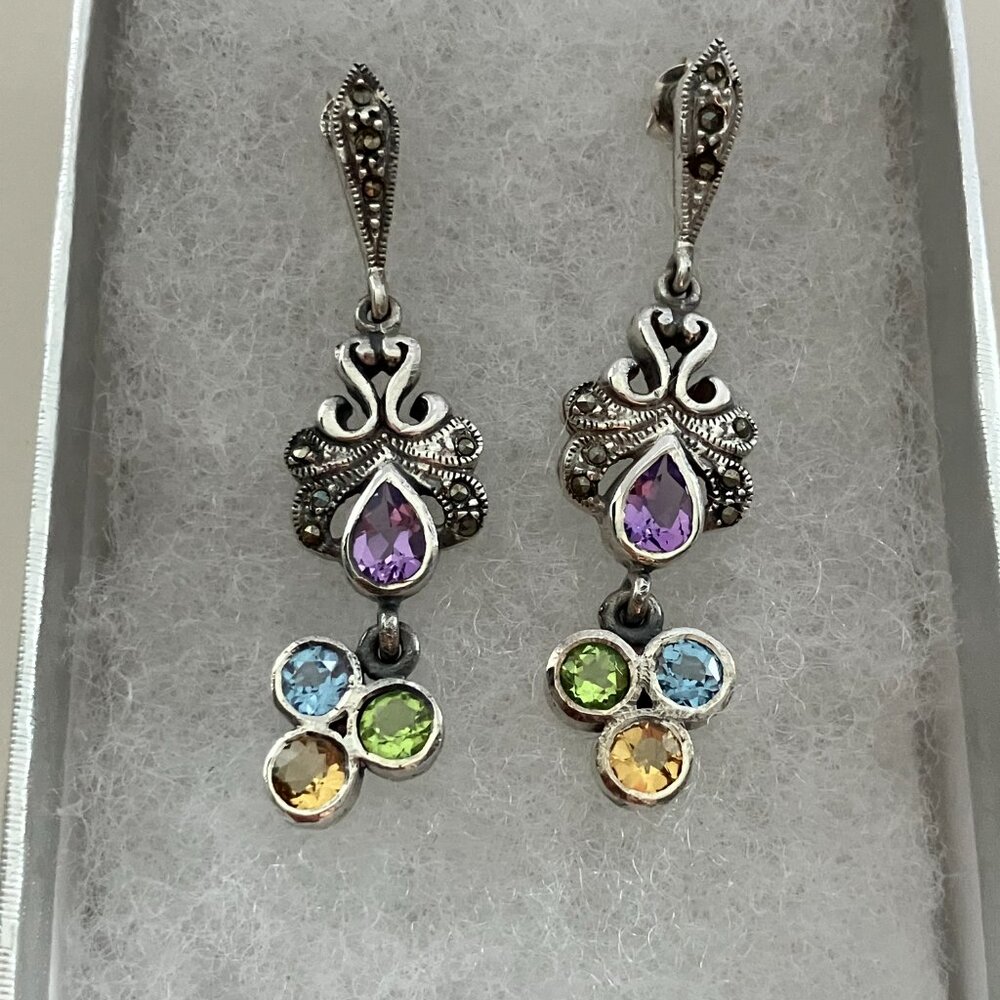 925 Sterling Silver Marcasite, Citrine, Blue topaz, Amethyst & Peridot  Earrings